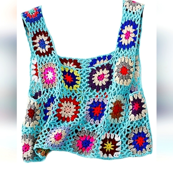 Small Size Womens Crochet Tank Top Knit Colorful Floral Embroidery Summer Boho C - Picture 1 of 8